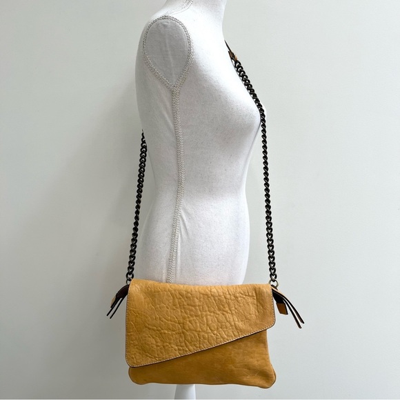 MAXON COLLECTION PEBBLED LEATHER MUSTARD YELLOW ASYMMETRIC FLAP CROSSBODY BAG - Picture 1 of 15